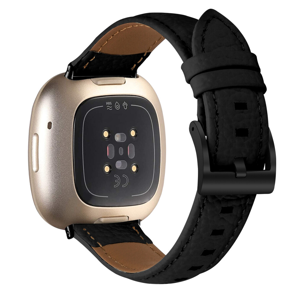 ( Black) Litchi Textured Genuine Cow Leather Strap With Electroplated Buckle For Fitbit Versa 4 / Sense 2 P Black 6914293908773