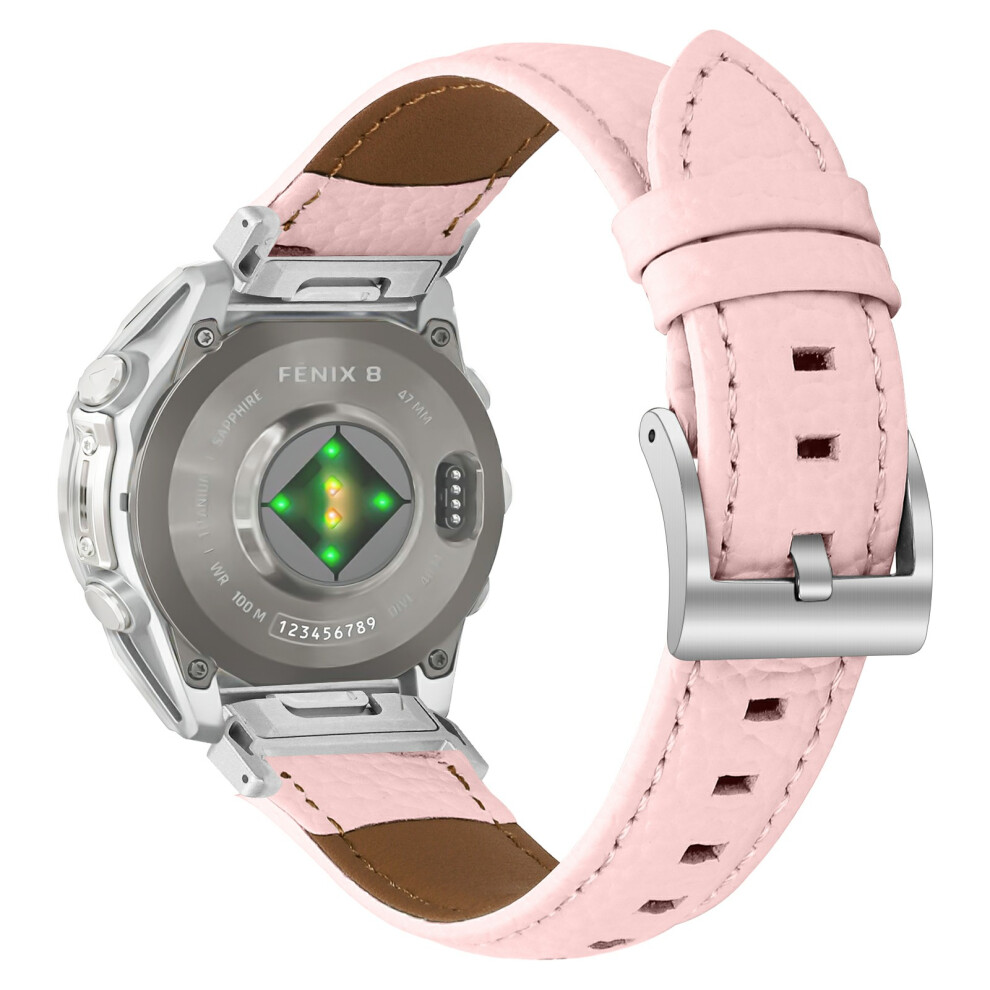 (Pink) Litchi Texture Genuine Cow Leather Strap For Garmin Fenix 8 47Mm / Tactix 8 47Mm / Quatix 8 47Mm Poi Pink 6914291764913