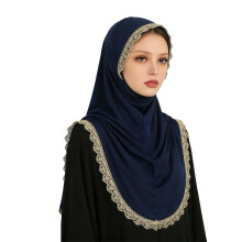 Women's Headgear Shawl Scarf Golden Edge Embroidered-Navy Blue