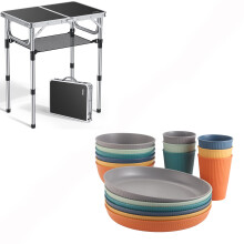 Camping Table Set with Adjustable Height, Storage Net and Lightweight Dinnerware for 6
