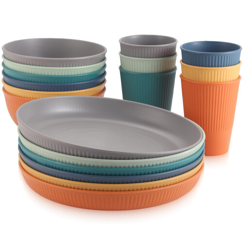 Camping Table Set with Adjustable Height, Storage Net and Lightweight Dinnerware for 6 1