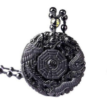 Black Obsidian Carving Wolf Yin Yang Dragon and Phoenix Necklace Pendant