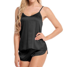 (XXL, Black gray M) Sexy Silk Women's Pajama Set V-neck Lace Vest Shorts Women's Home Wear