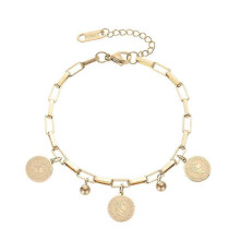 Woman Gold Plated Stainless Steel Elizabeth Coin Charm Bracelet Jewelry GifG6