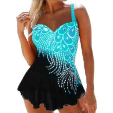 (3XL, Lake Blue) Women Beach Swimwear Feather Print Swimdress Tankini Set Swimsuit Bathing Suit