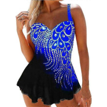 (XL, Royal Blue) Women Beach Swimwear Feather Print Swimdress Tankini Set Swimsuit Bathing Suit