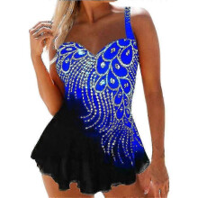 (3XL, Royal Blue) Women Beach Swimwear Feather Print Swimdress Tankini Set Swimsuit Bathing Suit
