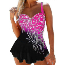 (XL, Pink) Women Beach Swimwear Feather Print Swimdress Tankini Set Swimsuit Bathing Suit