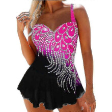 (3XL, Pink) Women Beach Swimwear Feather Print Swimdress Tankini Set Swimsuit Bathing Suit