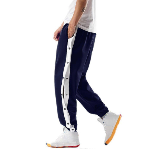 (L, Navy Blue) Men Mid-rise Buttons Pants Splicing Basketball Training Sweatpants 2