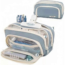 (bule) Big Capacity Pencil Case, 3 Compartments Simple Storage Aesthetic Pencil Case