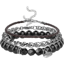 3 Pieces Of Adjustable Wrist Chains (pearl Bracelet, Pu Leather Bracelet, Stainless Steel Bracelet), Black + Brown + Silver - DD0