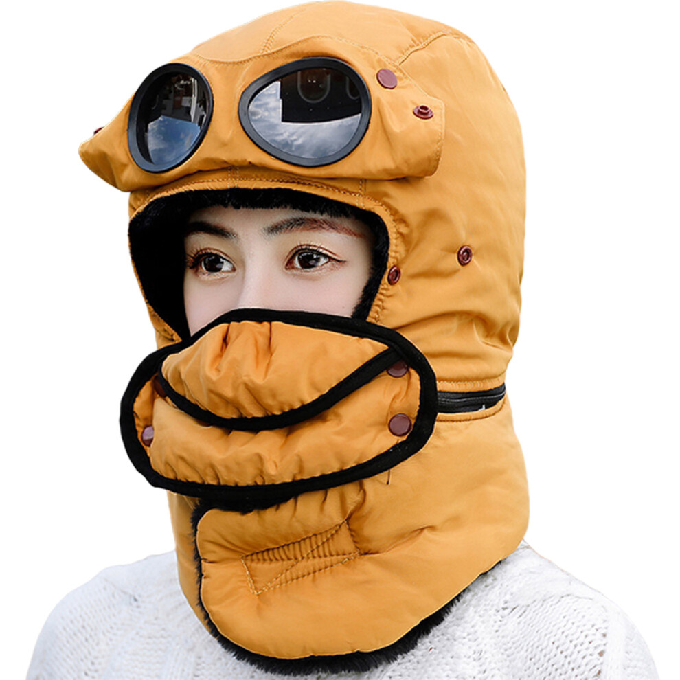 Winter Thermal Hat Scarf with Glasses Trapper Hats-Yellow