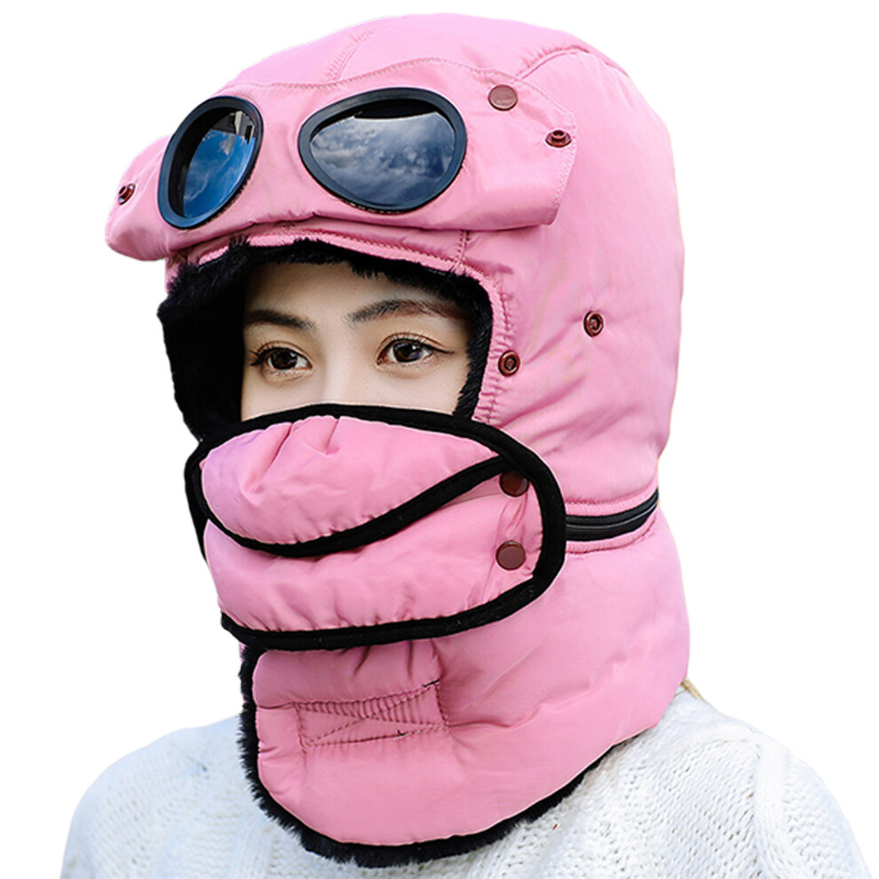 Winter Thermal Hat Scarf with Glasses Trapper Hats Goggle-Pink