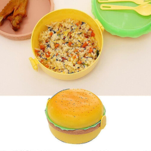 (Rectangle) Hamburger Shape Lunch Box Double Layer Cute Burger Bento Box Lunchbox Children School Food Container Spoon Fork Tableware Set - PJ 1