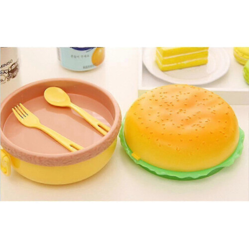 (Rectangle) Hamburger Shape Lunch Box Double Layer Cute Burger Bento Box Lunchbox Children School Food Container Spoon Fork Tableware Set - PJ 2