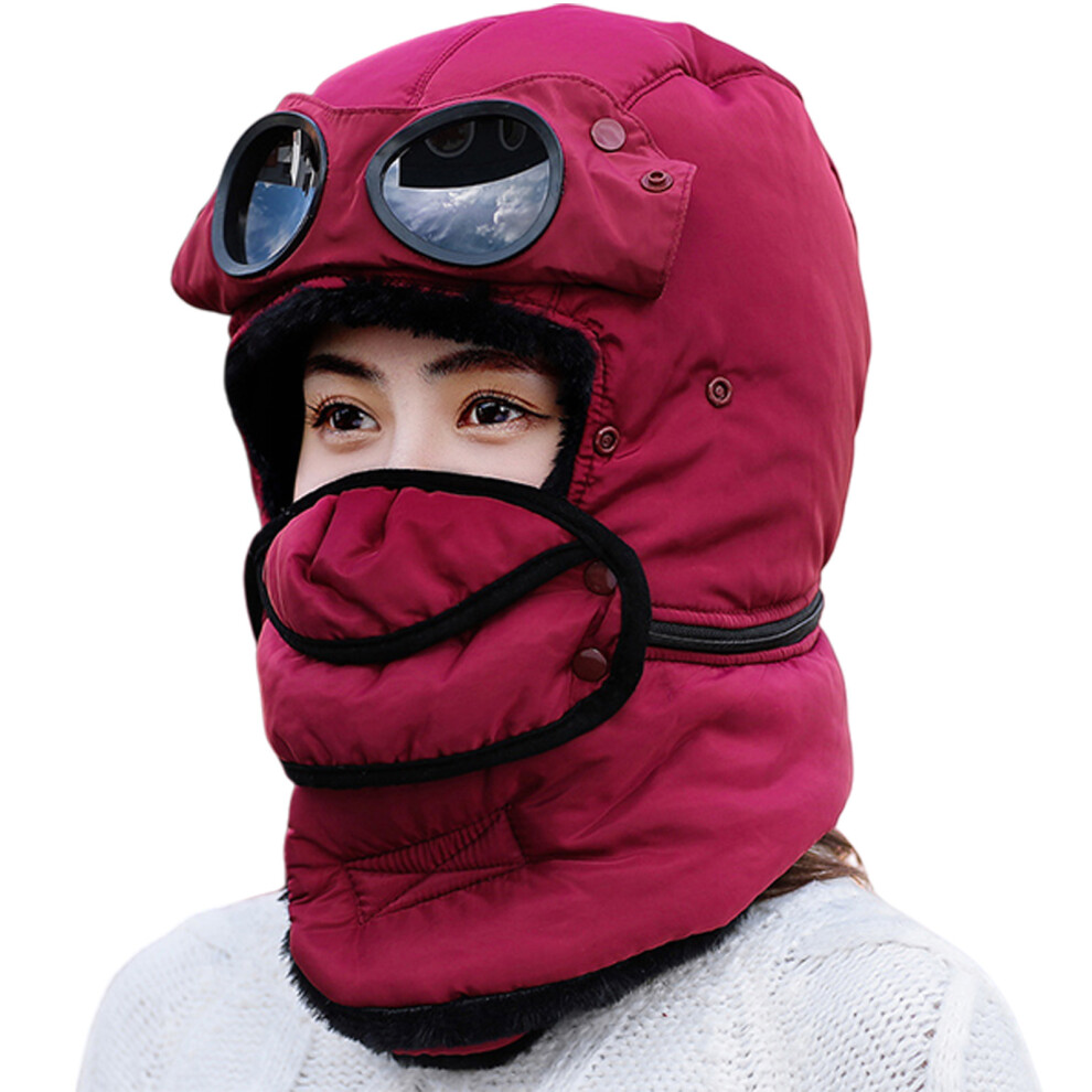 Winter Thermal Hat Scarf with Glasses Trapper Hats-Wine Red