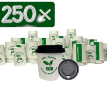 250 x 6oz Eco Compostable Paper Cups & Lids PLA Lined