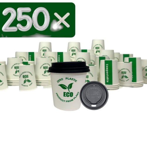 250 x 6oz Eco Compostable Paper Cups & Lids PLA Lined