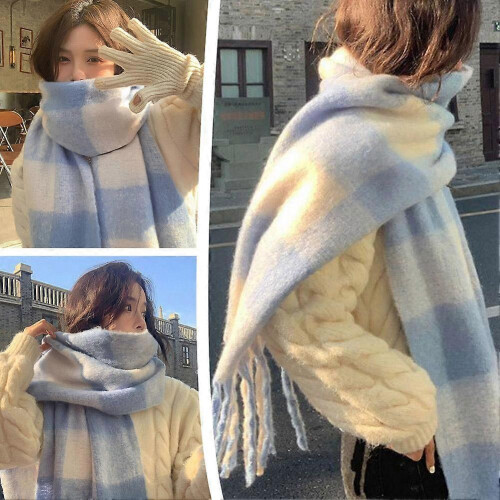 Fashionable Trend Scarf Blue and White Check Pattern Soft and Comfortable 2