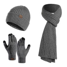 (Grey) Winter Beanie Hat Scarf Gloves Set For Women, Womens Beanie With Pom Pom Long Scarf Neck Warmer Touchscreen Gloves 3 In 1 Set