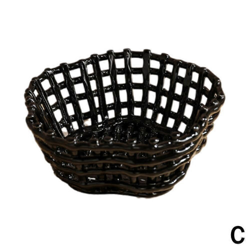 (Black) Large Beige Elegant Circular Basket Ceramic Fruit Bowl Glazed