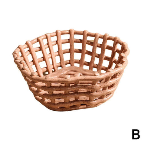 (Pink) Large Beige Elegant Circular Basket Ceramic Fruit Bowl Glazed