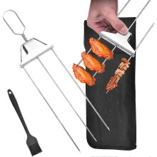 (1 Set) 3 Way Grill Skewers, 3 Prong Stainless Steel Skewers For Grilling, Metal Grill Skewers Semi-automatic Grill Fork With Push Bar Slider
