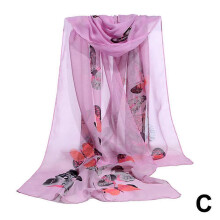 (Pink) Compact Superior Women's Long Chiffon Scarf Butterfly Flower Print Soft Wrap Shawl Silk Ladies Elegant