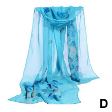 (Blue) Compact Superior Women's Long Chiffon Scarf Butterfly Flower Print Soft Wrap Shawl Silk Ladies Elegant