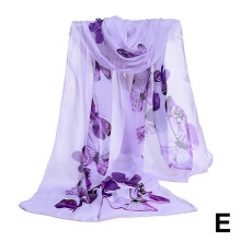 (Purple) Compact Superior Women's Long Chiffon Scarf Butterfly Flower Print Soft Wrap Shawl Silk Ladies Elegant
