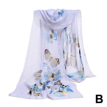 (White) Compact Superior Women's Long Chiffon Scarf Butterfly Flower Print Soft Wrap Shawl Silk Ladies Elegant