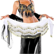 (White) 3 Row Unique Scarf Bead Use Outfit Hip Dance Wrap Belly Quality Costume Easy Skirt Coin Belt to Gold Premium