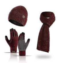(WineRed) Winter Beanie Hat Scarf Gloves Set For Women, Womens Beanie With Pom Pom Long Scarf Neck Warmer Touchscreen Gloves 3 In 1 Set