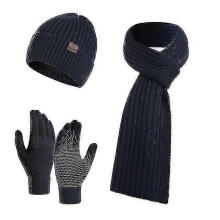 (Navyblue) Winter Beanie Hat Scarf Gloves Set For Women, Womens Beanie With Pom Pom Long Scarf Neck Warmer Touchscreen Gloves 3 In 1 Set