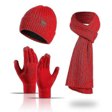 (Red) Winter Beanie Hat Scarf Gloves Set For Women, Womens Beanie With Pom Pom Long Scarf Neck Warmer Touchscreen Gloves 3 In 1 Set