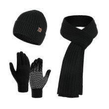 (Black) Winter Beanie Hat Scarf Gloves Set For Women, Womens Beanie With Pom Pom Long Scarf Neck Warmer Touchscreen Gloves 3 In 1 Set