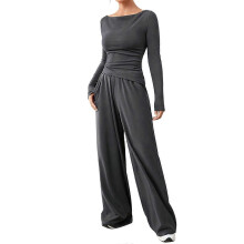 (XXL, Dark Grey) Two-piece women's long-sleeved travel suit, comfortable home wear, loose pants, casual sports suit Navy Blue XXL