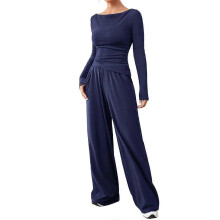 (S, Navy Blue) Two-piece women's long-sleeved travel suit, comfortable home wear, loose pants, casual sports suit Navy Blue XXL