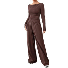 (L, Coffee) Two-piece women's long-sleeved travel suit, comfortable home wear, loose pants, casual sports suit Navy Blue XXL