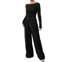 (S, Black) Two-piece women's long-sleeved travel suit, comfortable home wear, loose pants, casual sports suit Navy Blue XXL