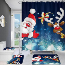 Santa Claus Shower Curtain Flannel Covered Felt Cloth Plastic Base Floor Mat Bathroom, Set of 4 - RIpj