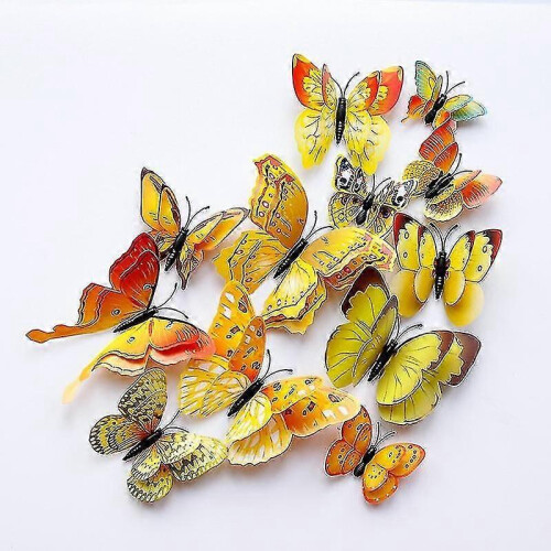 (Yellow) 12pcs 3d Double-layer Simulation Butterfly Stickers Creative Simulation Butterfly Refrigerator Self-adhesive Decor
