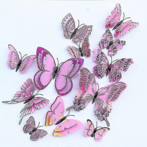 (Pink) 12pcs 3d Double-layer Simulation Butterfly Stickers Creative Simulation Butterfly Refrigerator Self-adhesive Decor