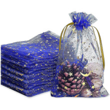Stars And Moon 100 Pcs Sheer Organza Bags for Wedding Baby Shower Rattan Print Bags Gifts (blue) - DD0
