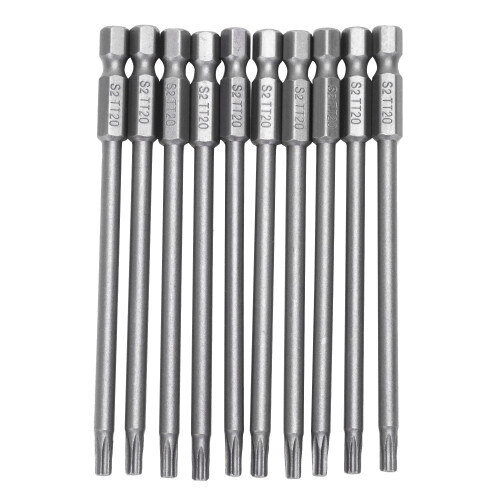 10pcs 100mm Length 1/4 inch Hex Shank T20 Torx Security Screwdriver Bits, Silver Gray