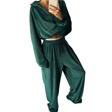 Womens Casual Two Piece Set Solid Color Long Sleeve Zip Hoodie Sweatpants Tracksuit Set Green XL