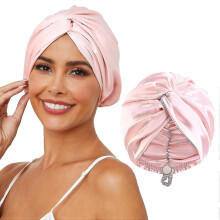 (Pink) Adjustable Silk Satin Hair Bonnet For Sleeping, Double Layer Hair Wrap Sleep Cap Turban For Women, Curly Straight Hair Long Large Braid - Pjun
