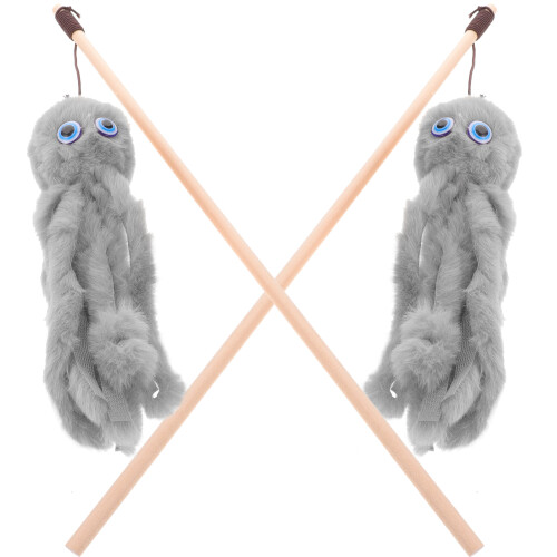 2Pcs Durable Plush Cat Teasing Sticks Interactive Toys for Indoor Cats