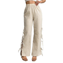 Womens Gingham Plaid Wide Leg Pants Y2k Lounge Pants Lace Loose Trousers Apricot Color M